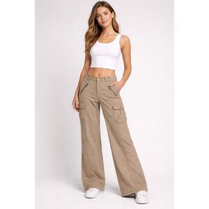 DKNY Tan Khaki Wide Leg Utility Y2K 100% Cotton Jeans Cargo Pants size 6P Petite